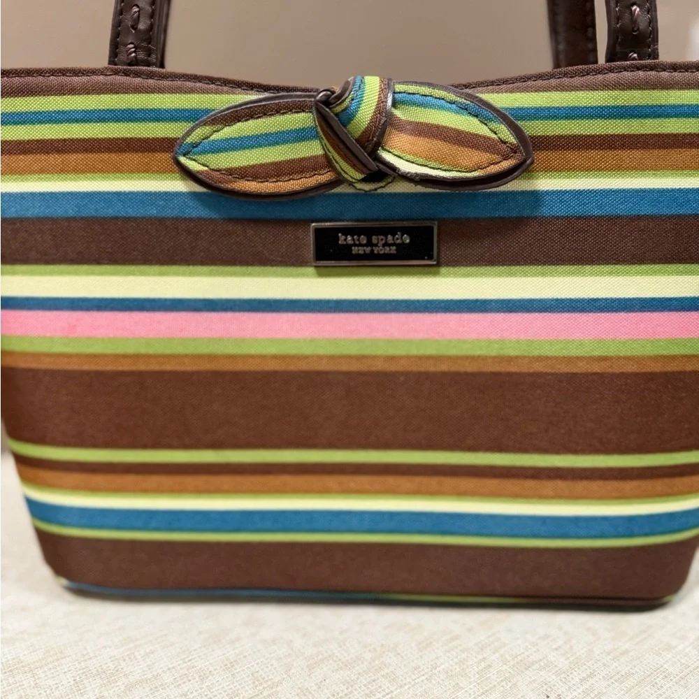 Kate Spade Striped Canvas Tote Bag Brown Multi Bow w/ Feet